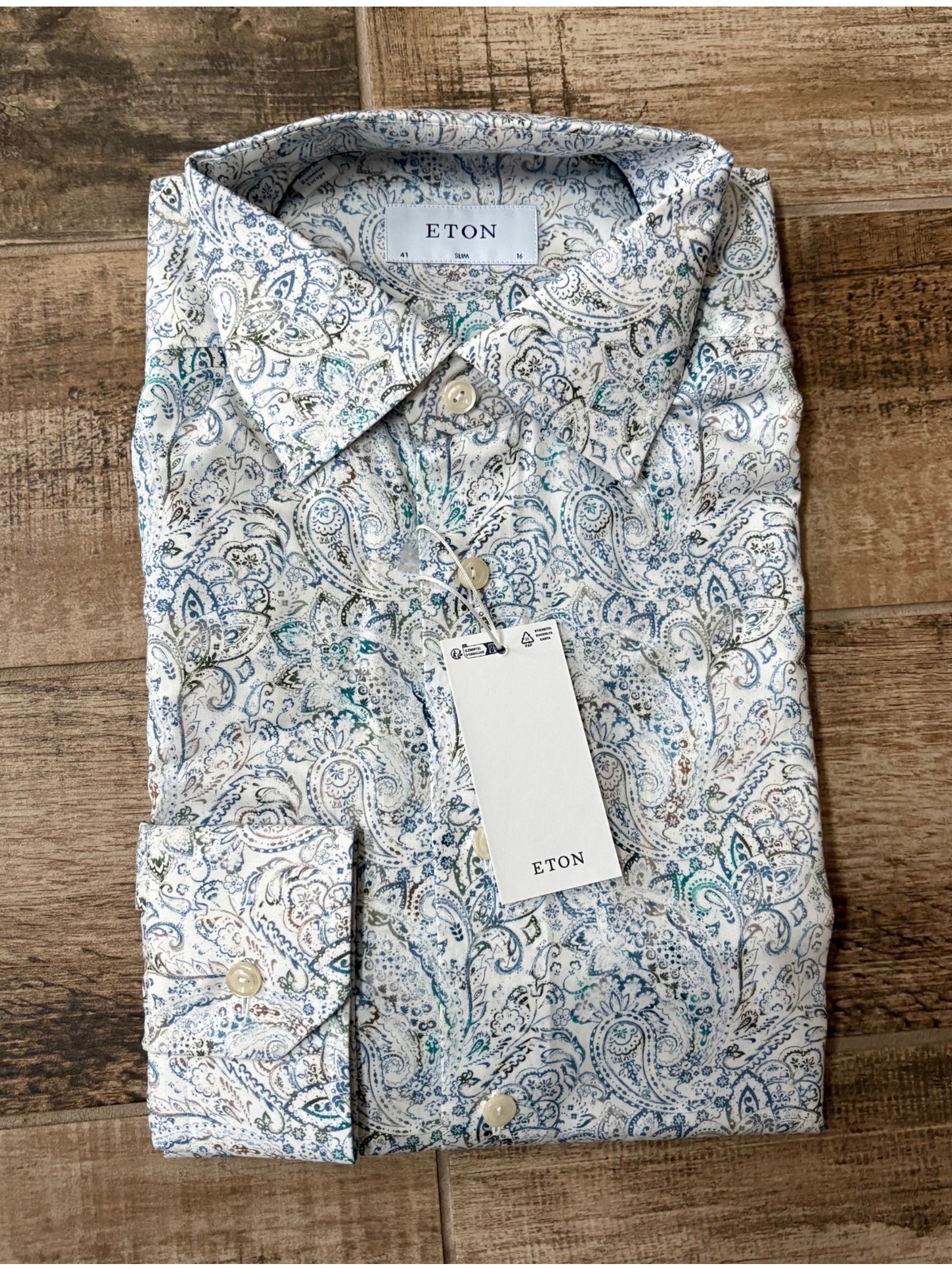 $380 Nwt Eton Slim Fit 100% Cotton White Multi Paisley Print Dress Shirt 41(16)